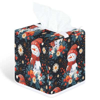 YCCZCPRL Xmas Snowman Tissue Box Cover Facial Paper Organizer Dispenser with Bottom Belt for Bathroom, Kitchen, Night Stands, Home, Car, Holly Flower