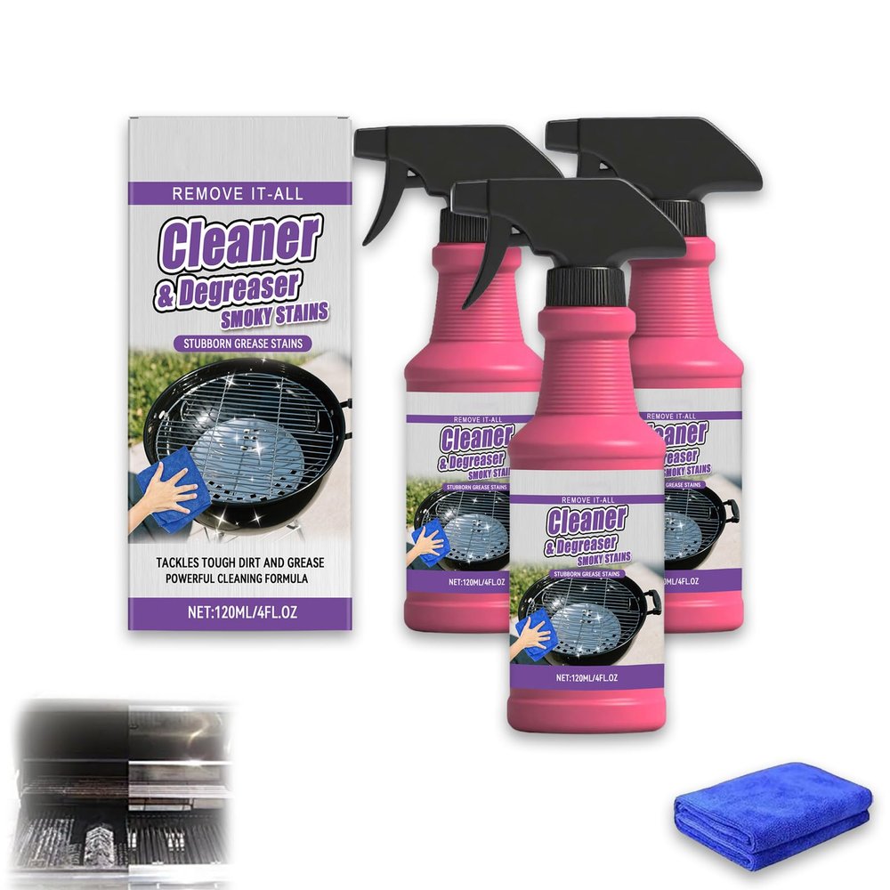 Fast-Acting Heavy-Duty Grill Degreaser Spray, Heavy Duty Degreaser Grill Cleaner Spray, 120ml BBQ Grill Cleaner, Smoky Stains, Heavy Duty for Burnt Food & Grease (3PCS)