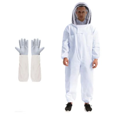 Chewtoyo Beekeeping Suit, L Size White Protective Gear for Men, Full Body Coverage, Features Ventilated Goat Skin Gloves for Beekeepers