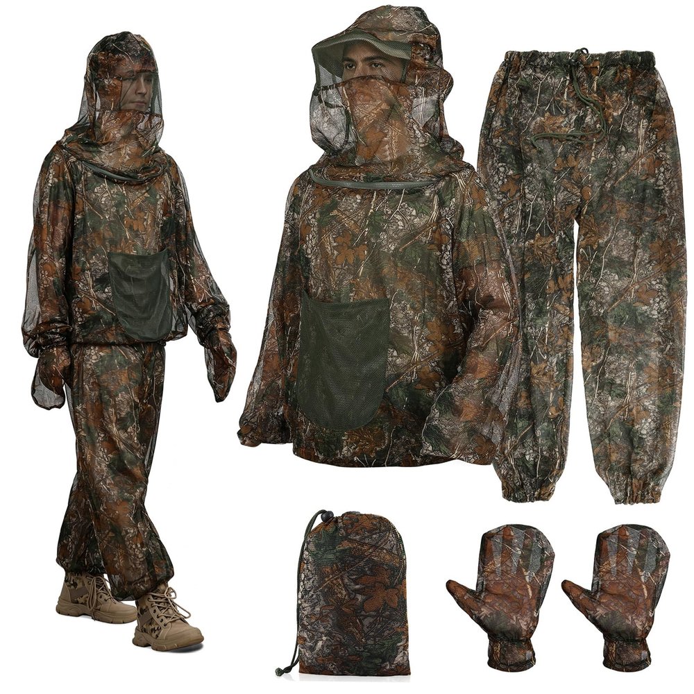 PELLOR Mosquito Suits for Adult, 4-Piece Mosquito Jacket, Mesh Net Bug, Gloves, Pant& Bag, Outdoor Full Body Protection Mosquito Proof Clothing