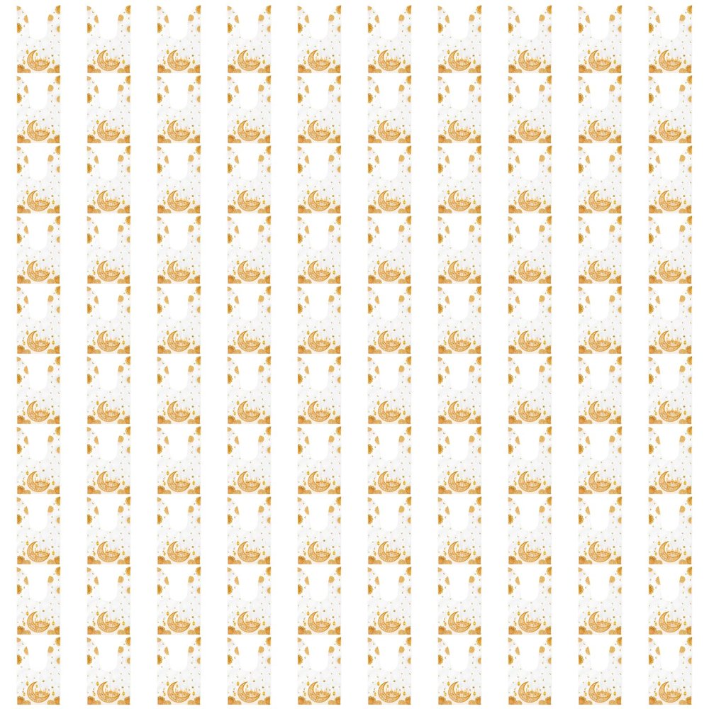 YHomU 100 Pcs Muslim Goodie Bags, Eid Mubarak Gift Bags, Rabbit Ear Packaging Pouches, Gold White Design With Moon Star Castle, Small Treat Bags, 8.66 X 5.12 In
