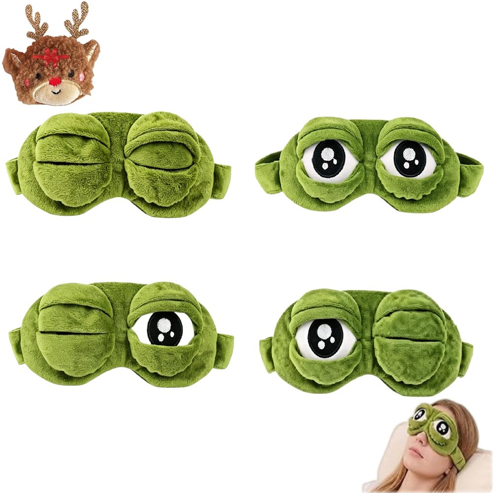 3D Frog Sleep Mask, Funny Cute Frog Eye Mask Plush Blindfold Travel Sleep Masks Super Soft Block Out Light Blindfold with Adjustable Eyelids for All Groups of People (4 Pcs)