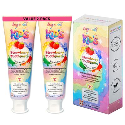 Anymoment Kids Toothpaste with 10% Nano Hydroxyapatite, Fluoride Free Toddler Toothpaste Ages 2+, Natural Strawberry Flavor, SLS Free Training Toothpaste, 4oz (Pack of 2)