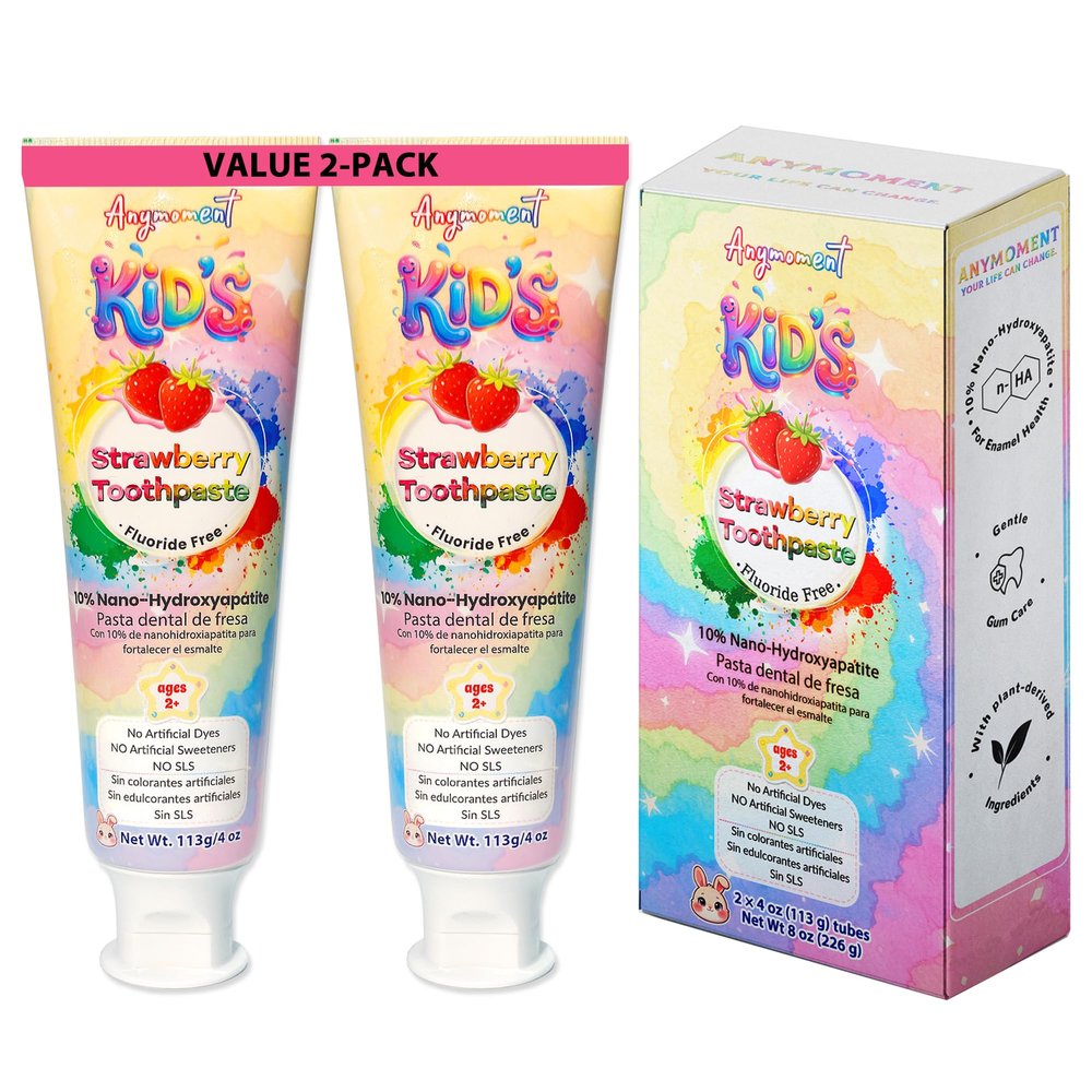 Anymoment Kids Toothpaste with 10% Nano Hydroxyapatite, Fluoride Free Toddler Toothpaste Ages 2+, Natural Strawberry Flavor, SLS Free Training Toothpaste, 4oz (Pack of 2)