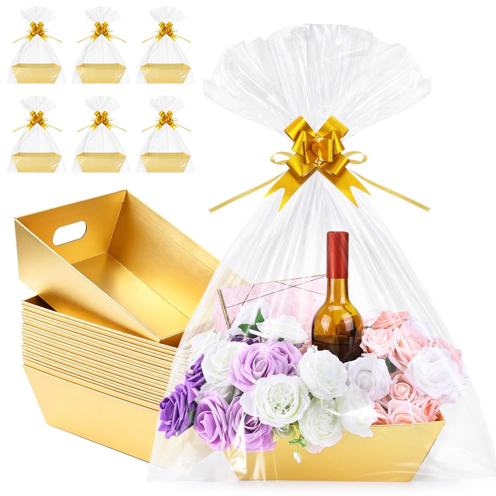 AFOROEOA 20 Pack Gold Gift Baskets Empty, 10x8x3.5" Thick Paper Basket with 20 Clear Bags and 20 Gold Bows, Empty Gift Baskets for Christmas Valentine Easter Birthday Anniversary Bulk Wrapping