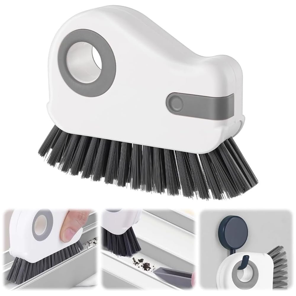 2 in 1 Window Track Cleaning Brush Tools, Hard Bristle Crevice Cleaning Brush, Multifunctional Gap Scrub Brush with Hidden Scraper, Groove Cleaning Brush for Sliding Door Track, Window Sill (Gray)