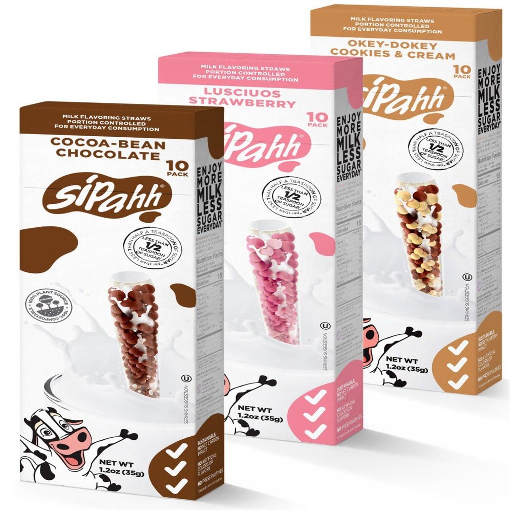 Sipahh Milk Straws Flavoring Starter Pack 30 Count Flavored Milk for Kids Chocolate, Strawberry & Cookies & Cream