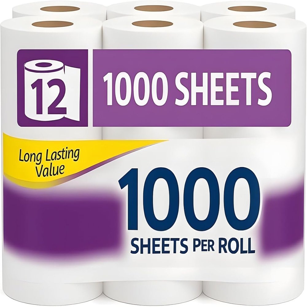 1000-Sheet Toilet Paper 12 Pack Premium 1-Ply Bath Tissue, Soft & Strong, Septic-Safe, Long-Lasting Bathroom Tissue for Home, Office & Commercial Use