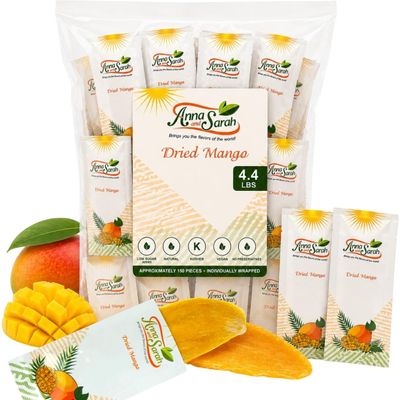 4.4 Lbs Dried Mango, Individually Wrapped Low Sugar Added Mango Slices, Natural & Healthy Fruit Snacks, Kosher, Bulk Bag Approximately 150 Pieces, Perfect for School, Picnics, Lunchboxes, Travel & On-the-Go