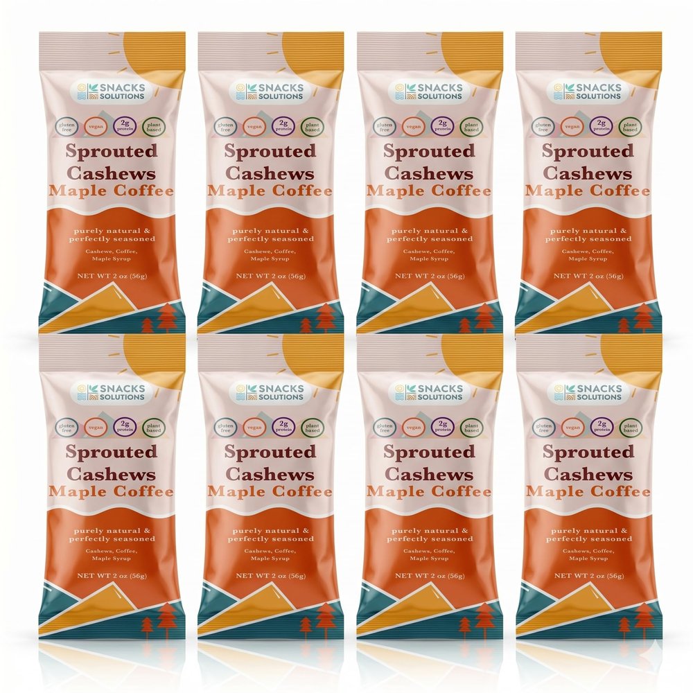 Snacks Solutions Sprouted Cashews, Vegan Plant Based Snack, Gluten Free Cashew Nuts, Lightly Sweet Maple Syrup & Coffee Flavor, Protein Snack, Healthy Gourmet Nuts (2 Ounce (Pack of 8) (Maple Coffee))