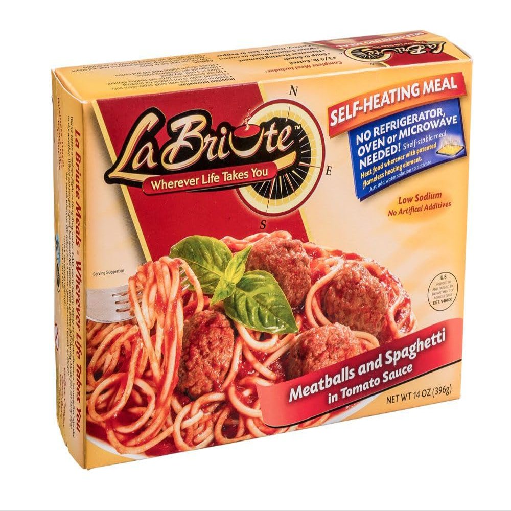 LaBriute Meals Spaghetti & Meatballs in Tomato Sauce Self Heating Ready to Eat Entre w/Snack |23g Protein, Low-Calorie Pre-Packaged Lunch or Dinner | Shelf Stable, Fully Cooked, No Refrigeration Needed|Glatt Kosher | 12 oz Serving