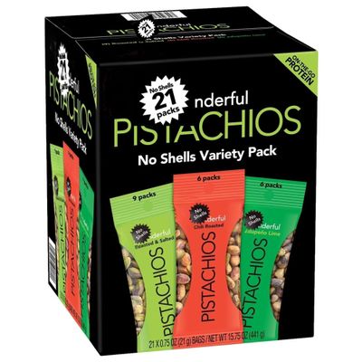 Wonderfull-Pistachio No Shells, 3 Flavors Mixed Variety Pack of 21 (0.75 Ounce), Pistachios Individual Packs, Roasted & Salted Nuts (9), Chili (6), Jalapeo Lime (6), Protein Snacks, Healthy Snacks Bulk Pack (441 G)