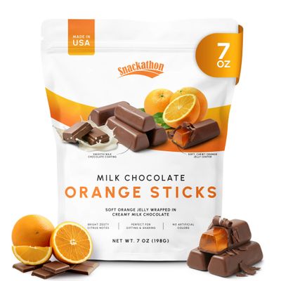 Snackathon Milk Chocolate Orange Sticks, 7 oz Resealable Bag, Soft Chewy Orange Jelly Centers Covered in Creamy Milk Chocolate, Gourmet Chocolate Candy For Gifting & Holidays, Made in USA