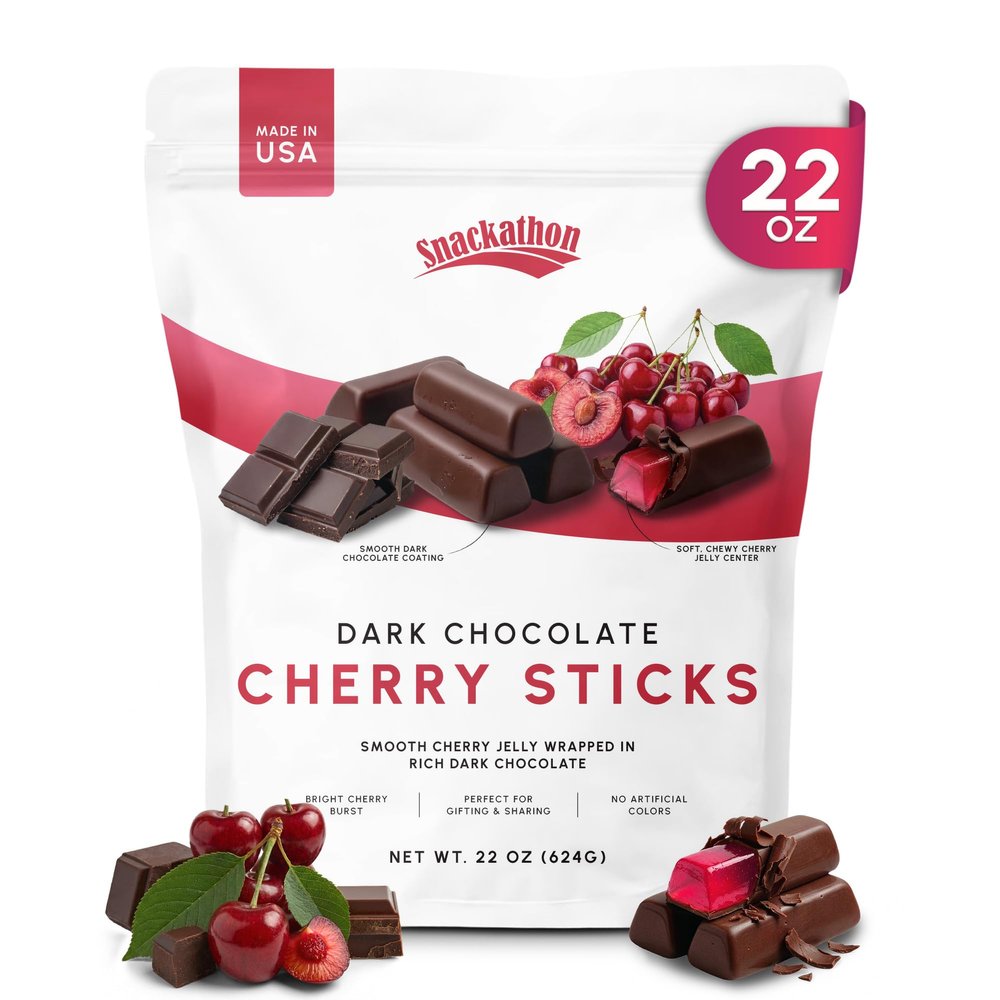 Snackathon Dark Chocolate Cherry Sticks, 22 oz Resealable Bag, Tart Chewy Cherry Jelly Centers Covered in Rich Dark Chocolate, Gourmet Chocolate Candy For Gifting & Holidays, Made in USA