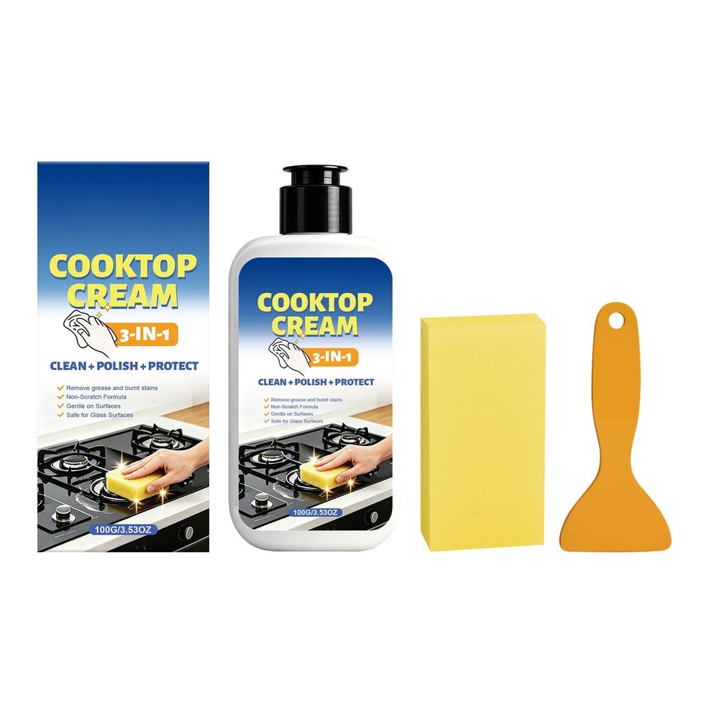 3-in-1 Cooktop Cleaner Kit (Cooktop Cleaner + Scrubbing Pad + Scraper) Stovetop Cleaner for Electric Stoves, Ceramic Cooktops & Fireplace Glass, Removes Burned-On Food & Grease