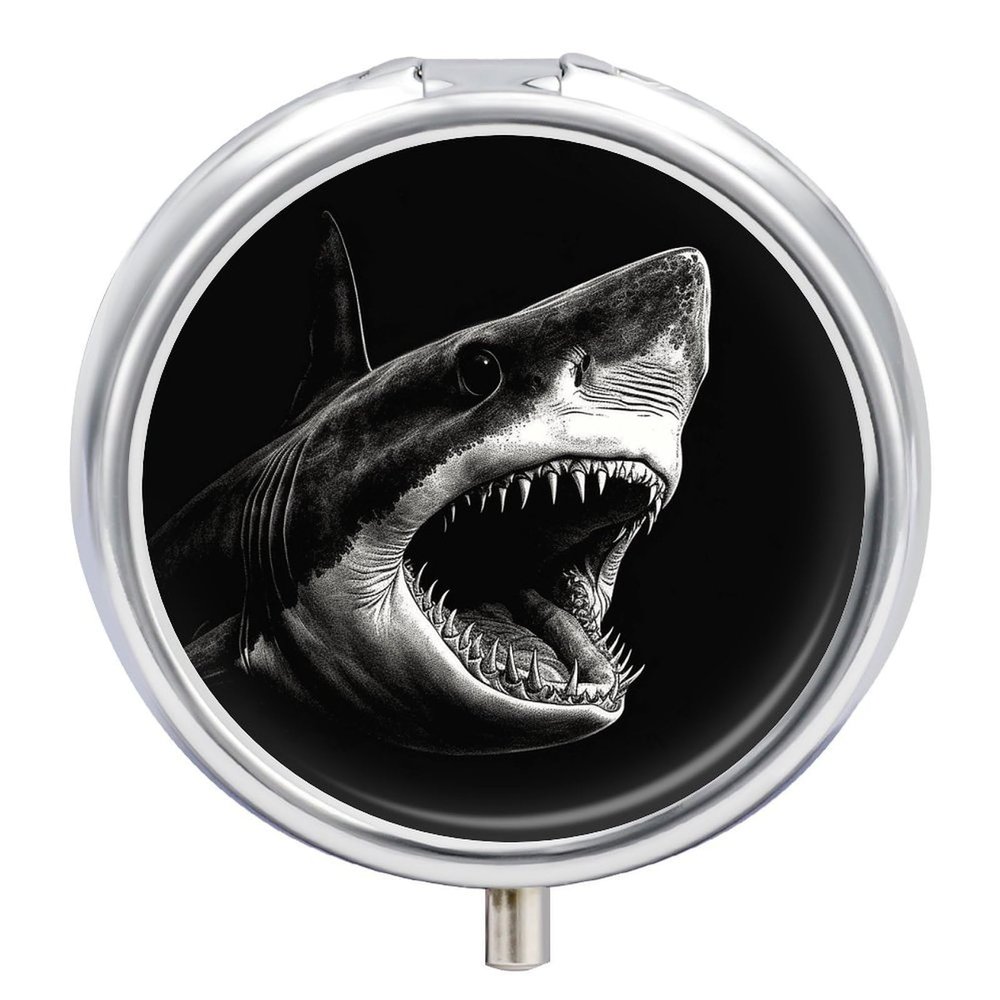 Black Shark Head Pill Box Portable Mini Travel Pill Organizer Holder 3 Compartment Decorative Round Pills Case Exquisite Daily Vitamin Container for Cod Liver Oil