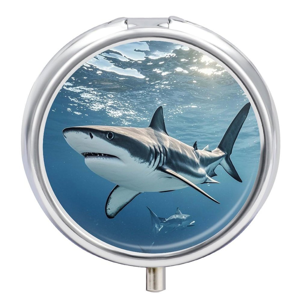 Ocean Sea Animal Shark Pill Box Portable Mini Travel Pill Organizer Holder 3 Compartment Decorative Round Pills Case Exquisite Daily Vitamin Container for Cod Liver Oil