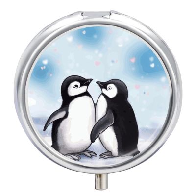I Love Penguins Pill Box Portable Mini Travel Pill Organizer Holder 3 Compartment Decorative Round Pills Case Exquisite Daily Vitamin Container for Cod Liver Oil