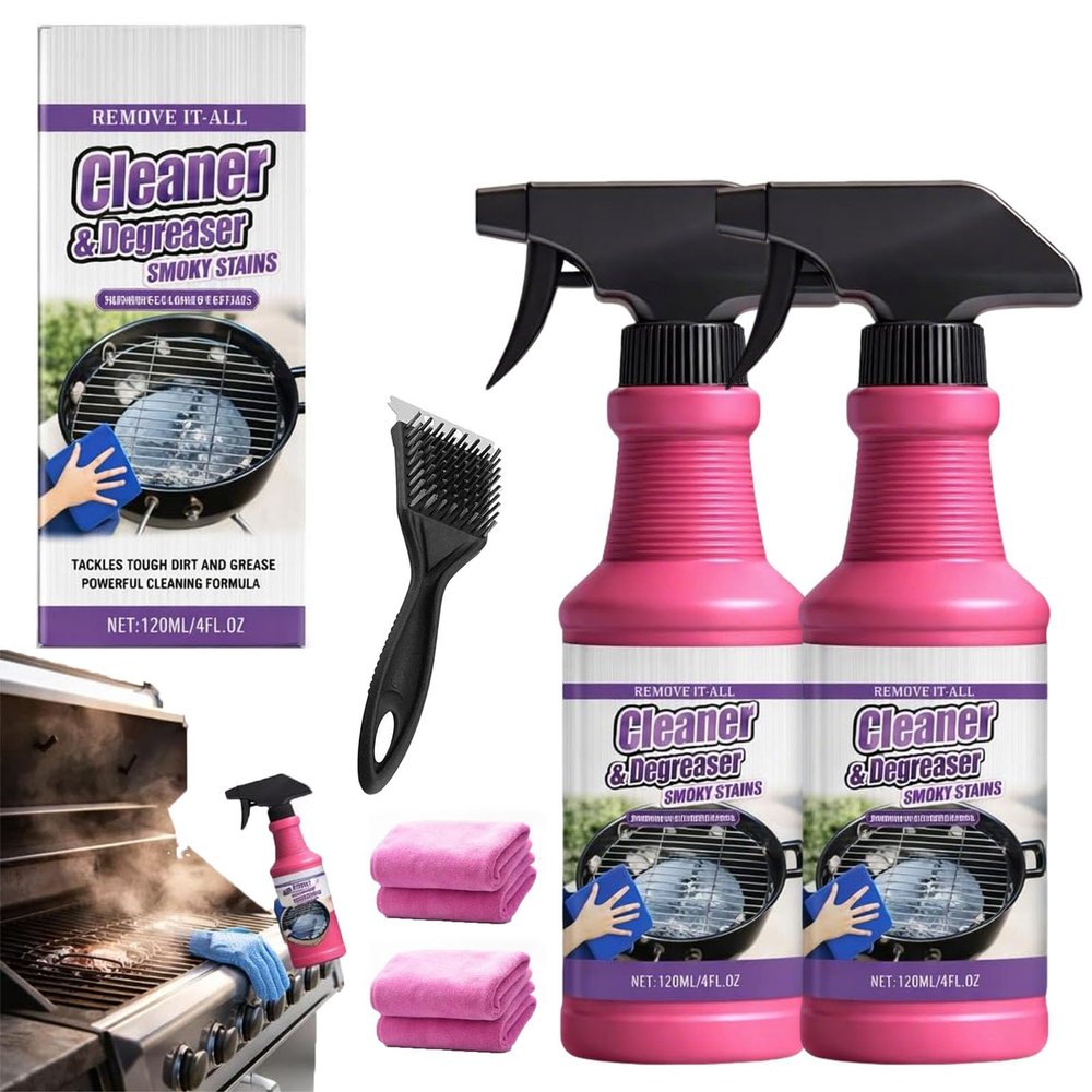 Fast-Acting Heavy-Duty Grill Degreaser Spray, Heavy Duty BBQ Grill Degreaser, 120 Ml Cleaner Degreaser Smoky Stains with Stainless Steel Brush for Burnt Food & Grease (2 pcs)