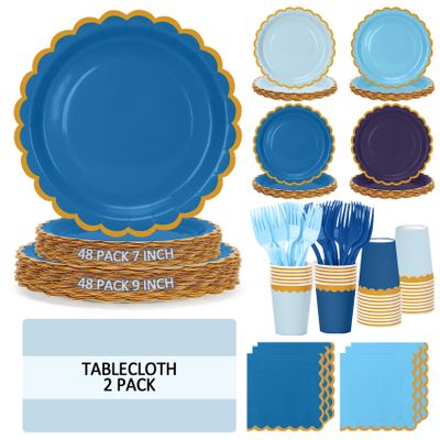 Qyntelix Blue Plates and Napkins Party Supplies for 48 Guests, Disposable 7&9 Gradient Light Blue Scalloped Paper Plates Tableware Set for Birthday Party, Wedding, Baby Shower Decorations