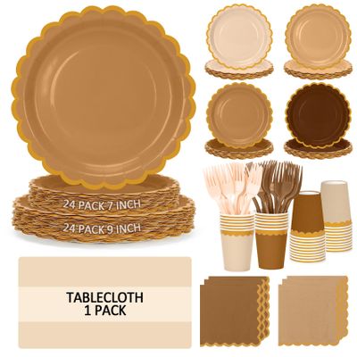 Brown Plates and Napkins Party Supplies for 24 Guests, Disposable 7&9 Gradient Brown Scalloped Paper Plates Tableware Set for Birthday PartyBoho,Baby Shower, Autumn, Thanksgiving Decorations