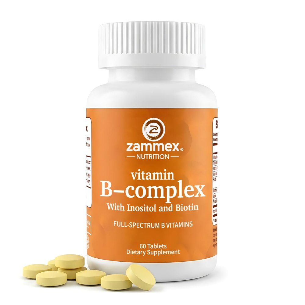 Zammex Vitamin B Complex with Inositol and Biotin Full Spectrum B Vitamins B1 B2 B3 B6 B12 Non-GMO Vegan-Friendly 60 Tablets