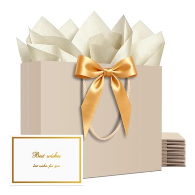 YACEYACE Gift Bags with Bow, 20Pack of Gift Bags Bulk, Ribbon and Card, Champagne Gold, Elegant Boutique Kraft Bag for Party, Wedding,12.5"x4"x10"