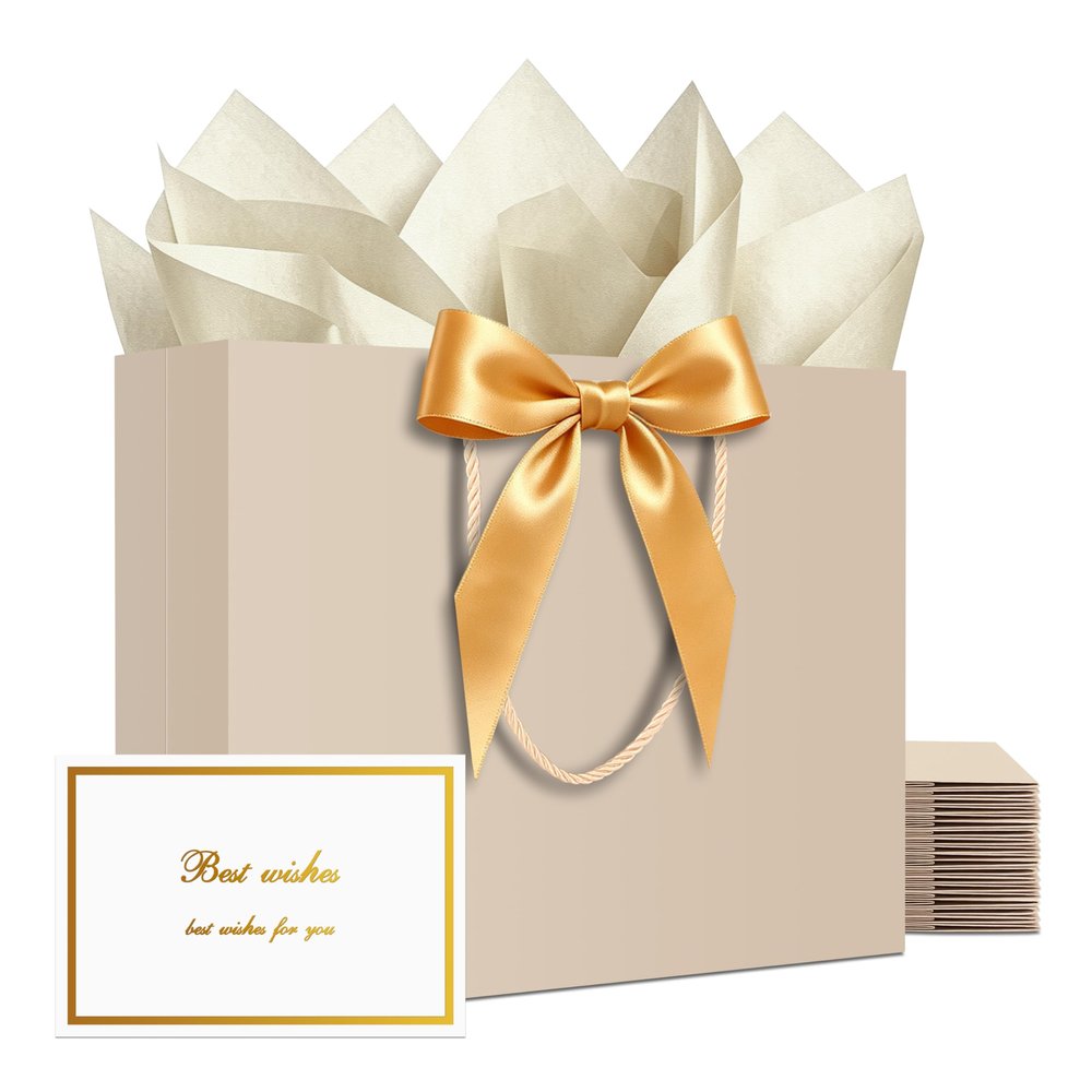 YACEYACE Gift Bags with Bow, 20Pack of Gift Bags Bulk, Ribbon and Card, Champagne Gold, Elegant Boutique Kraft Bag for Party, Wedding,12.5"x4"x10"