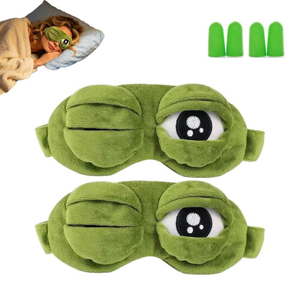 3D Frog Sleep Mask, Soft Plush Light Blocking Eye Mask with Adjustable Strap and Storage Pocket, Comfortable Animal Design for Travel, Nap, Meditation and Night Sleep (2PCS)