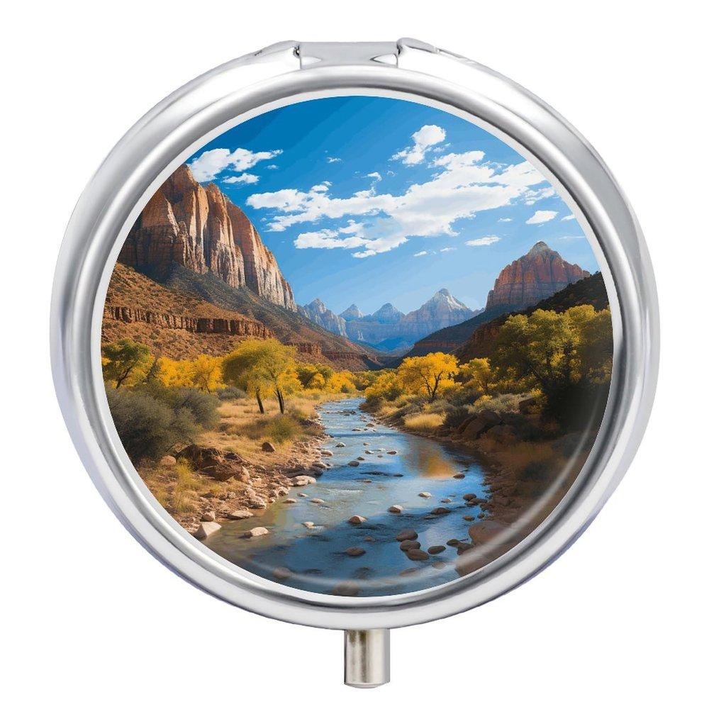 Zion National Park Pill Box Cute Round Pill Case Portable Medication Organizer 3 Independent Compartments Moisture-Proof Medicine Holder for Travelers, Seniors & Caregivers