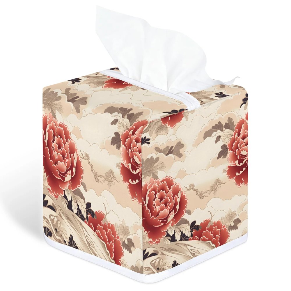 YCCZCPRL Peony Flower Tissue Box Cover Facial Paper Organizer Dispenser with Bottom Belt for Bathroom, Kitchen, Night Stands, Home, Car, Floral