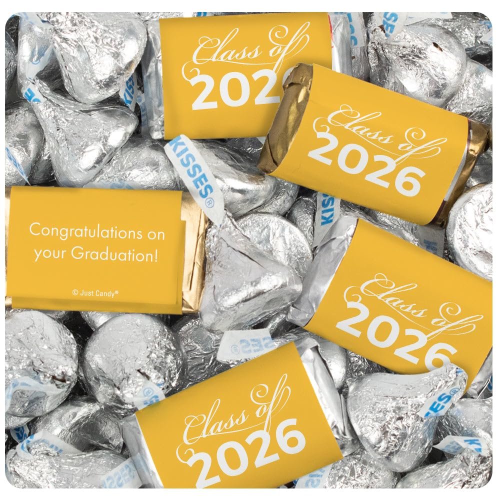 372 Pcs Yellow Graduation Class of 2026 Candy - Yellow Wrapped Miniatures and Silver Kisses For Party Favors, Goodie Bags, Dessert Tables And More (4.5 lbs)