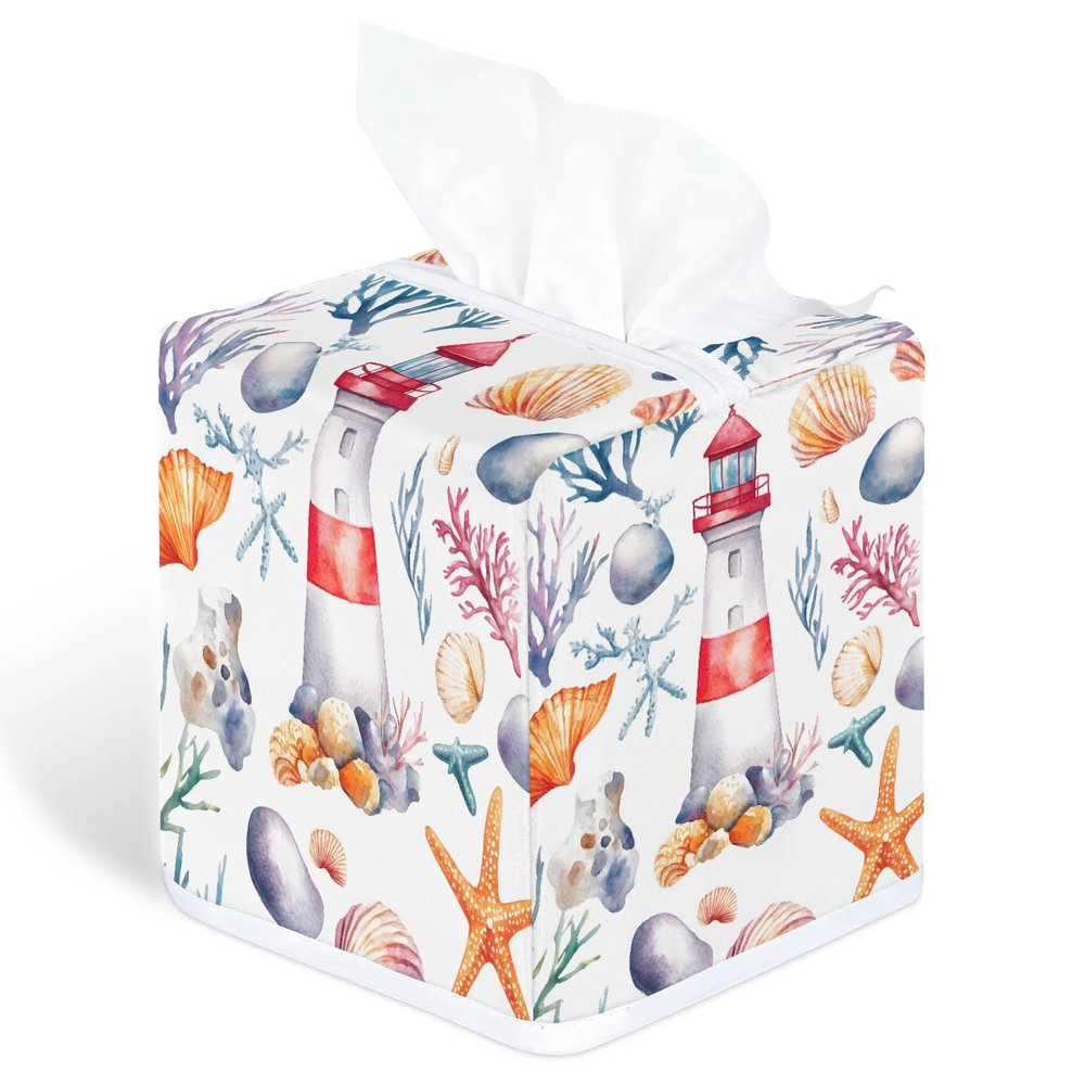 YCCZCPRL Coastal Lighthouse Tissue Box Cover Square Napkin Holder for Home Bedroom Vanity Countertop Night Stands, Ocean Sea Starfish