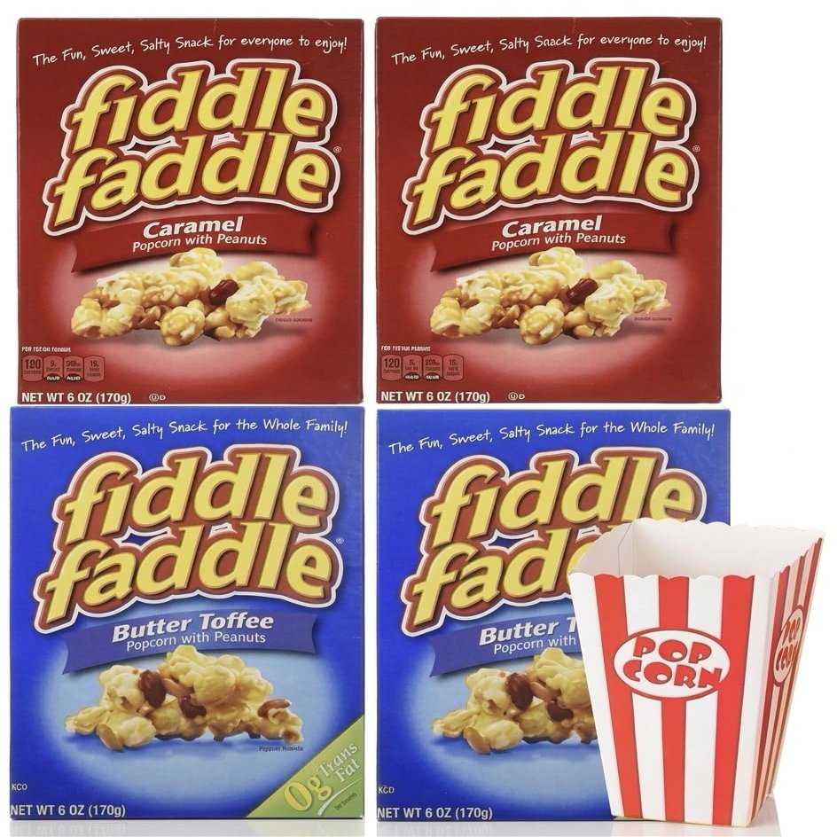 Fiddle Faddle & Crunch n Munch Popcorn Variety Pack (4 Boxes) + 1 FREE Popcorn Tub Sweet & Crunchy Snack Bundle