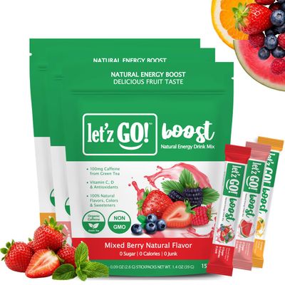 Let'z Go Triple Boost - Berry + Orange + Watermelon (15+15+15 Pack) - Natural Energy Boost Caffeine Packets
