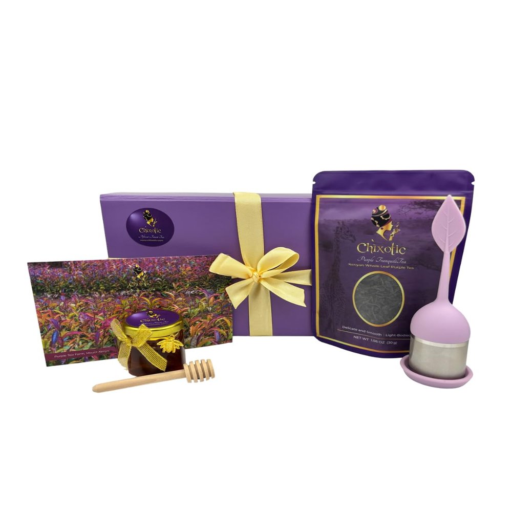 Chixotic Purple Tea Gift Box, Kenyan Purple Tea Care Package, Loose Leaf Tea Gift Set with Honey, Tea Infuser, Audio Ritual, Ready-to-Gift Self Care Gift