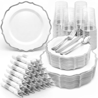 Glowserve 350PCS Plastic Plates Sliver Disposable Dinnerware for 50 Guests