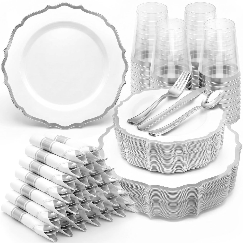 Glowserve 350PCS Plastic Plates Sliver Disposable Dinnerware for 50 Guests