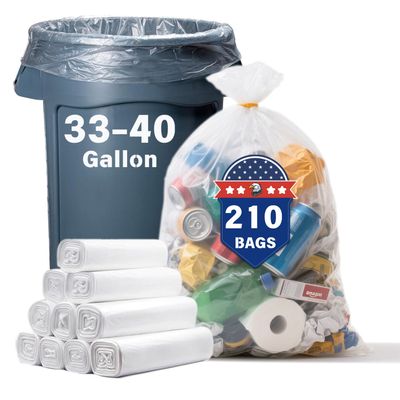 30 Gallon Trash Bags, Clear 210 Count High Density Garbage Bags, Made in USA, Recycling Trash Can Liners, Puncture-Resistant Plastic Waste Bags for Kitchens Yards Offices Commercial
