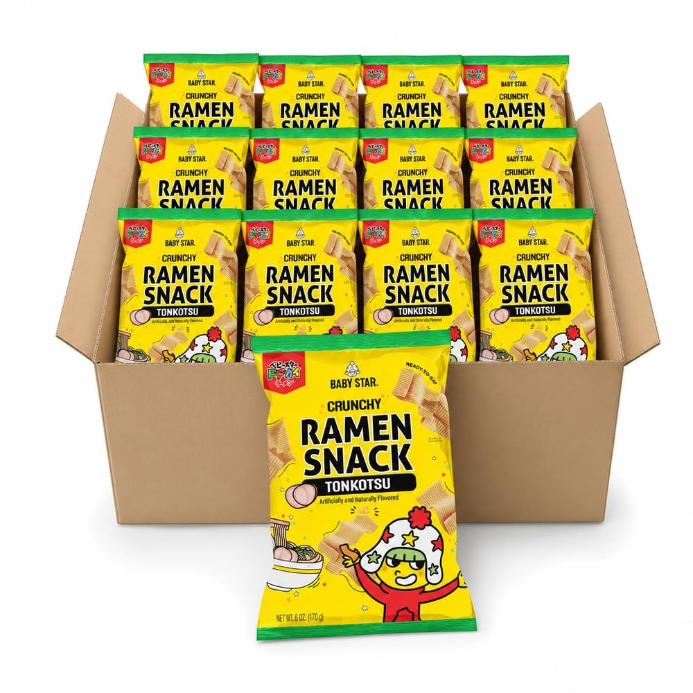 Baby Star Crunchy Ramen Snack Wide Tonkotsu Flavor, 6oz, Pack of 12 | Japanese Crispy Noodle Treat, Rich Pork Bone Broth Taste, Asian Snack for Kids and Adults