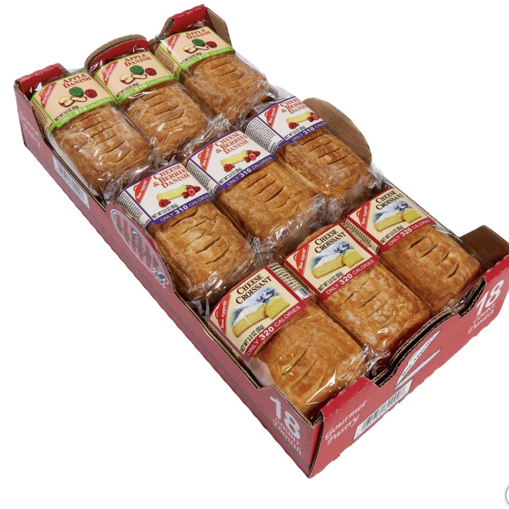 Bon Apetit Expect More Gourmet Danish, Variety Pack, 3 oz 18 Count Variety pack: 6 - Apple, 6 - Cheese & Berries, 6 - Cheese Croissant