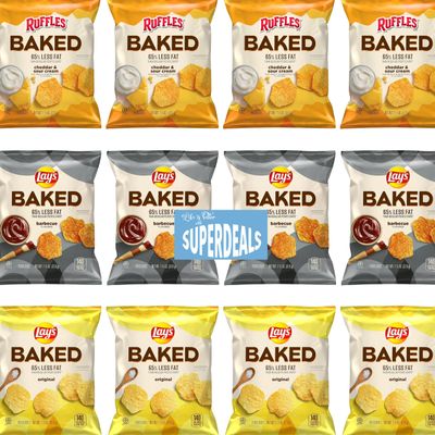 Baked Variety Pack Chips Snack Bags 12 Pack (4 Ruffles Cheddar & Sour Cream Crisps, 4 Barbecue Potato Crisps, 4 Original Potato Crisps) 1.125 Oz Bags | Value Pack Bundled by SUPERDEALS with Mystery Gift