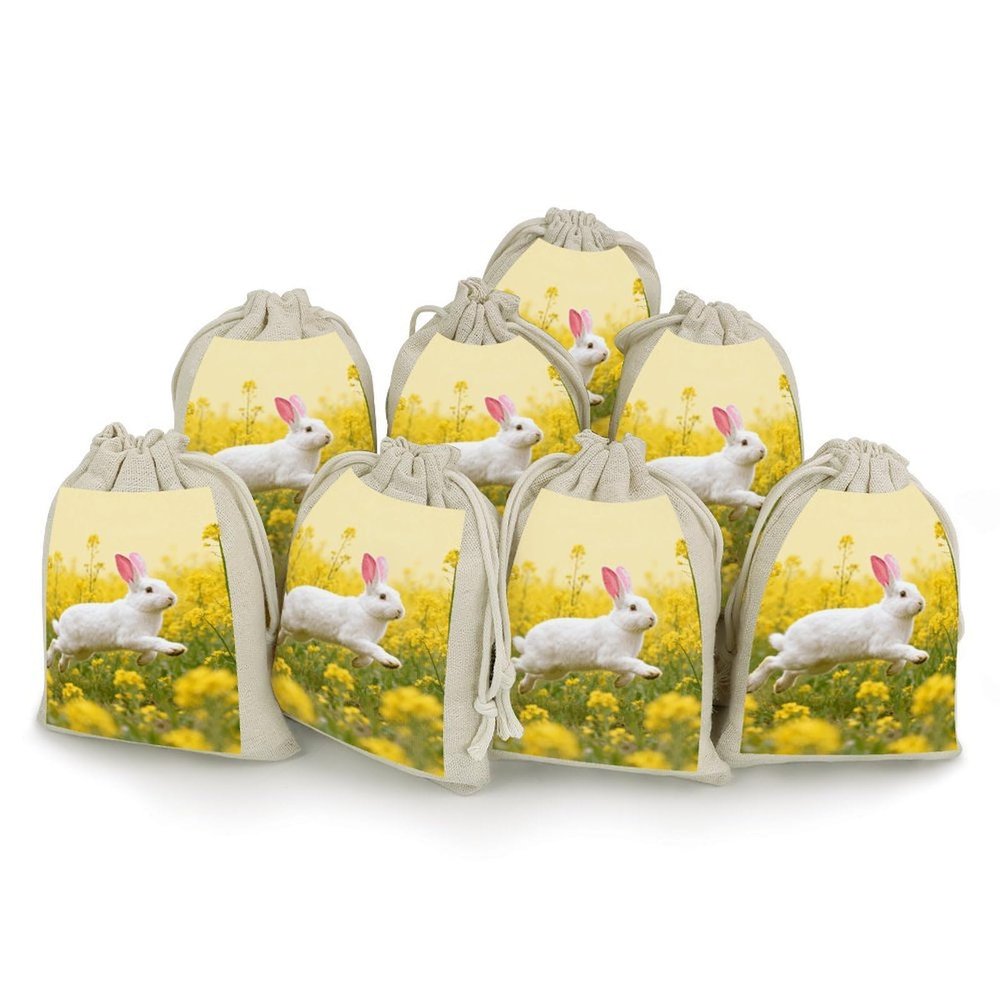 PNOMEDPKJ 8 Pack Rabbit in Flowers Muslin Bags with Double Drawstring 5 X 7 Inch Reusable Cotton Linen Sachet Small Burlap Gift Bag Cloth Jewelry Storage Pouches for Party Wedding