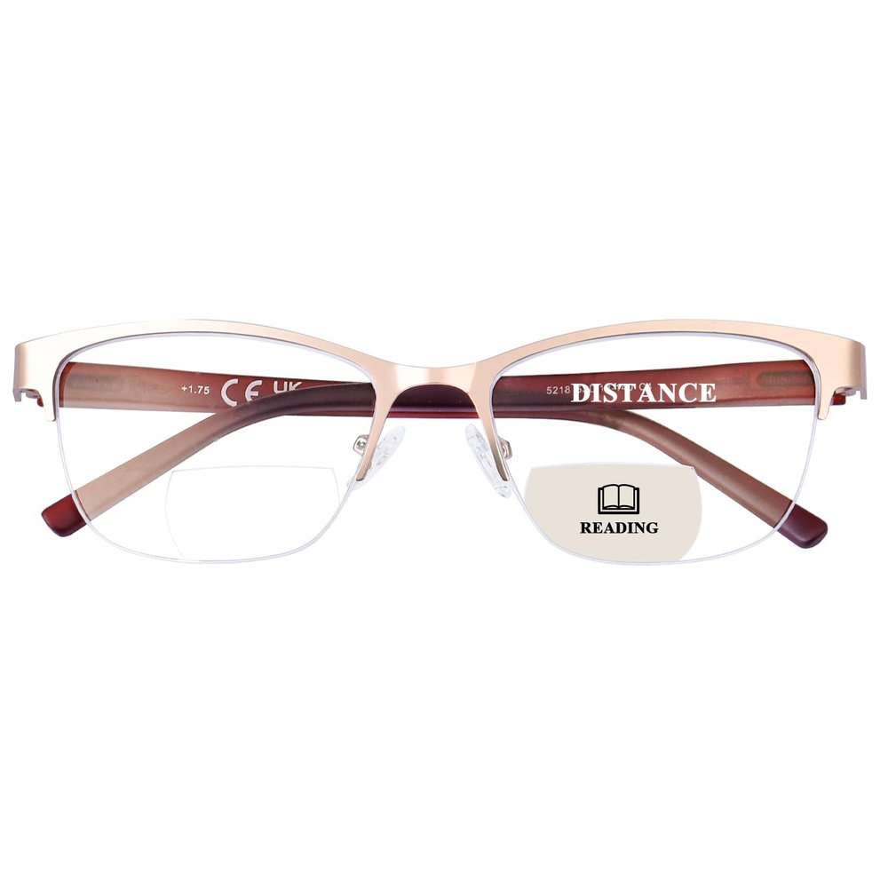 FONHCOO Bifocal Reading Glasses for Women, Metal Spring Hinge Blue Light Blocking Half Frame readersGold 3.25
