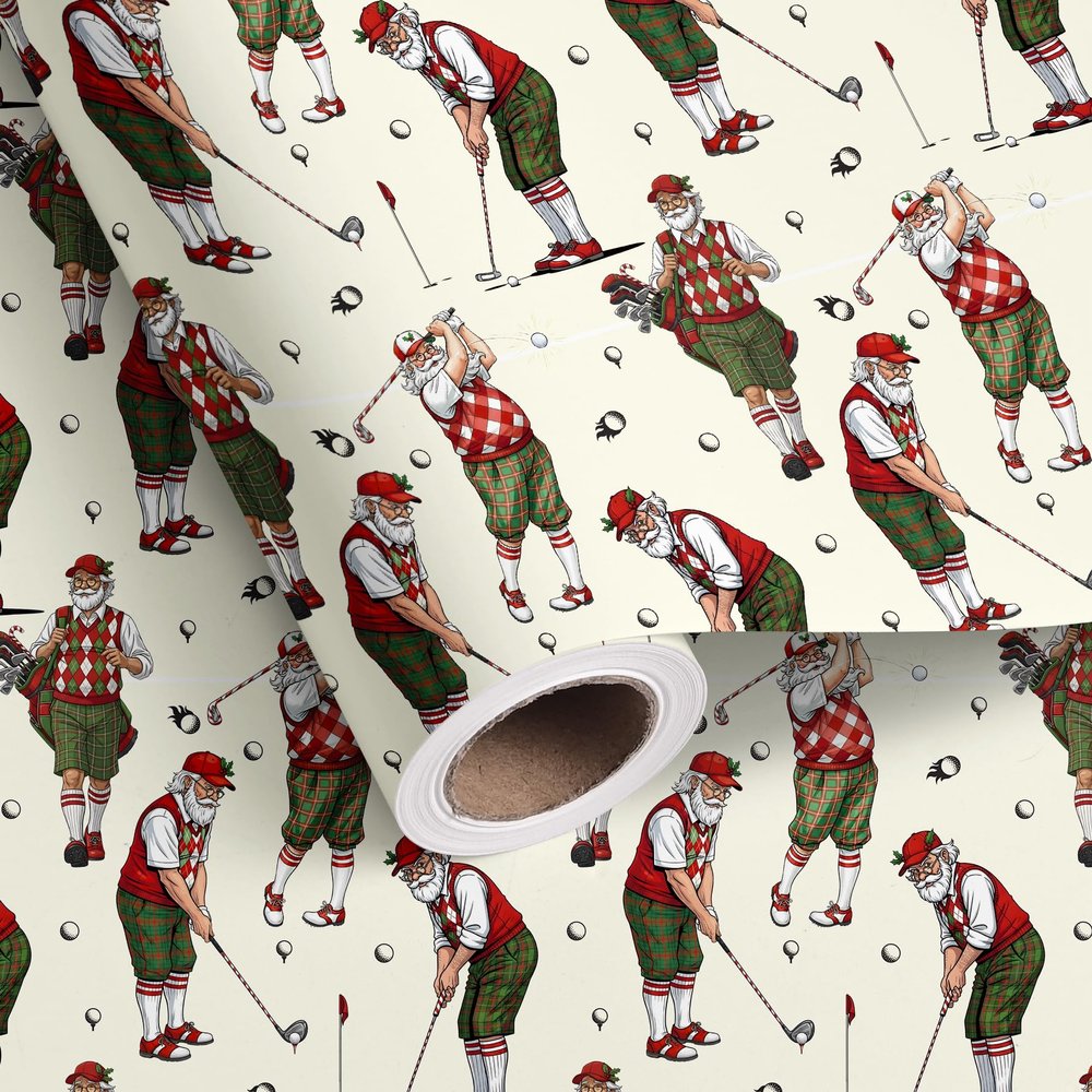 Dlyrroba Golf Christmas Wrapping Paper Roll - Santa Golf Design Gift Wrap for Christmas Holiday Party Celebration 17 Inch x 16.5 Feet