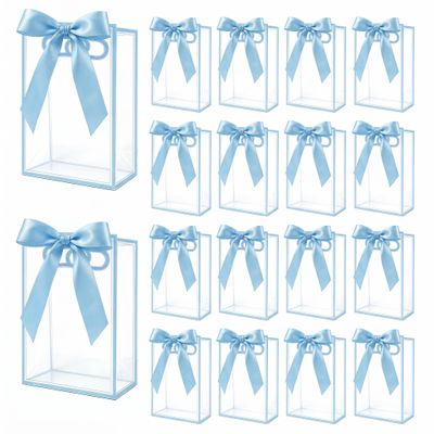 STANETCO 18 Pcs Reusable Clear Plastic Gift Bags with Handles Ribbons 7.09x10.24x3.15 Inch PP Favor Bags for Valentine's Day Wedding Bridal Shower Birthday Graduation Shopping Busines (Sky Blue)