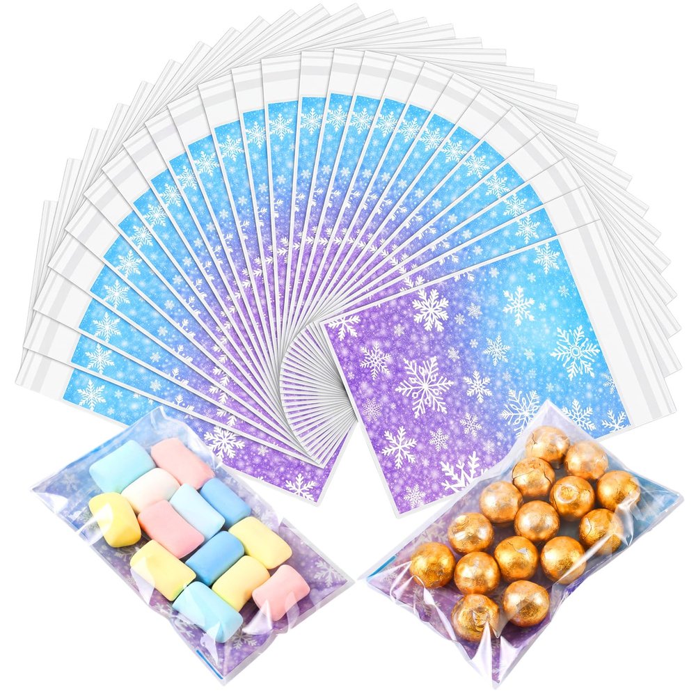 Epakh 200 Pcs Snowflake Party Favor Bags Cellophane, Snowflake Snack Bags for Team Self-adhesive, Clear Cookie Treats Candy Bag for Teams Birthday Theme Party Supplies