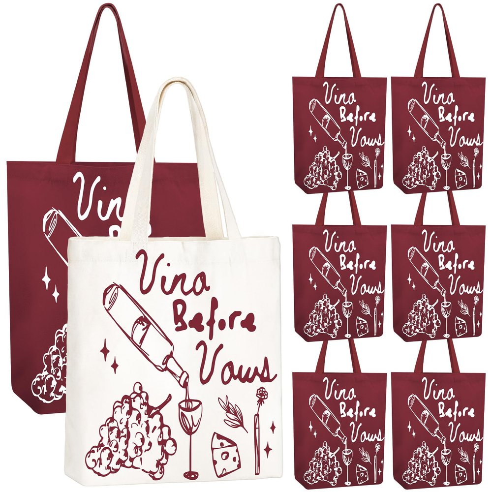Shinylin 8 Pcs Bachelorette Tote Bags Vino Before Vows Wine Themed Canvas Tote Bags for Wine Bachelorette Bride Bridesmaid Gift Bridal Shower Party Decorations Wedding Favor Supplies