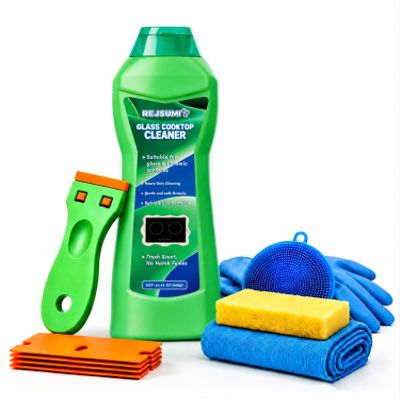 Glass Cooktop Cleaner Kit - Includes 14.11 oz Stove Top Cleaner, Scraper, Scrubbing Pads, Cloth, Effectively Removes Grease and Tough Stains - Use on Induction, Electric & Gas, Ceramic Cooktops