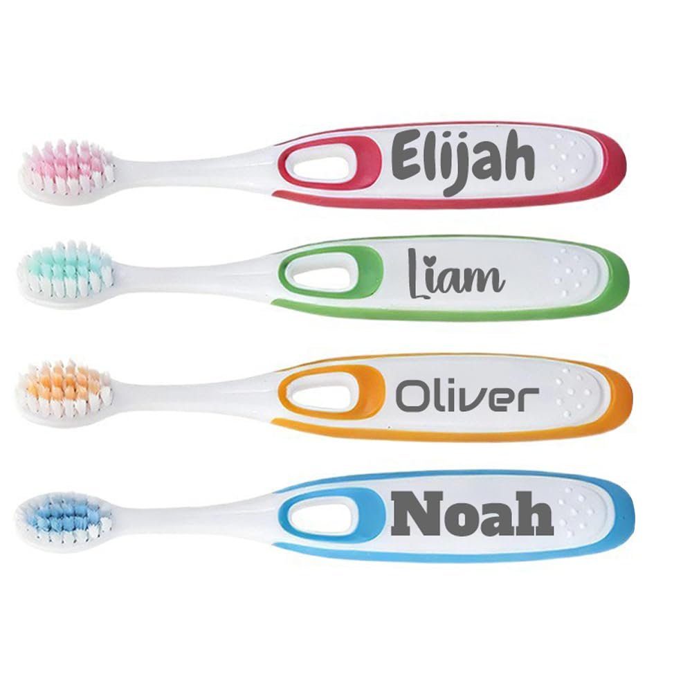 FCQIANKM Personalized Kids Toothbrushes 4 Pack with Custom Names, Extra Soft Bristles for Sensitive Gums, BPA-Free Children's Toothbrush Set for Boys & Girls, Fun Colors, Ages 3-12